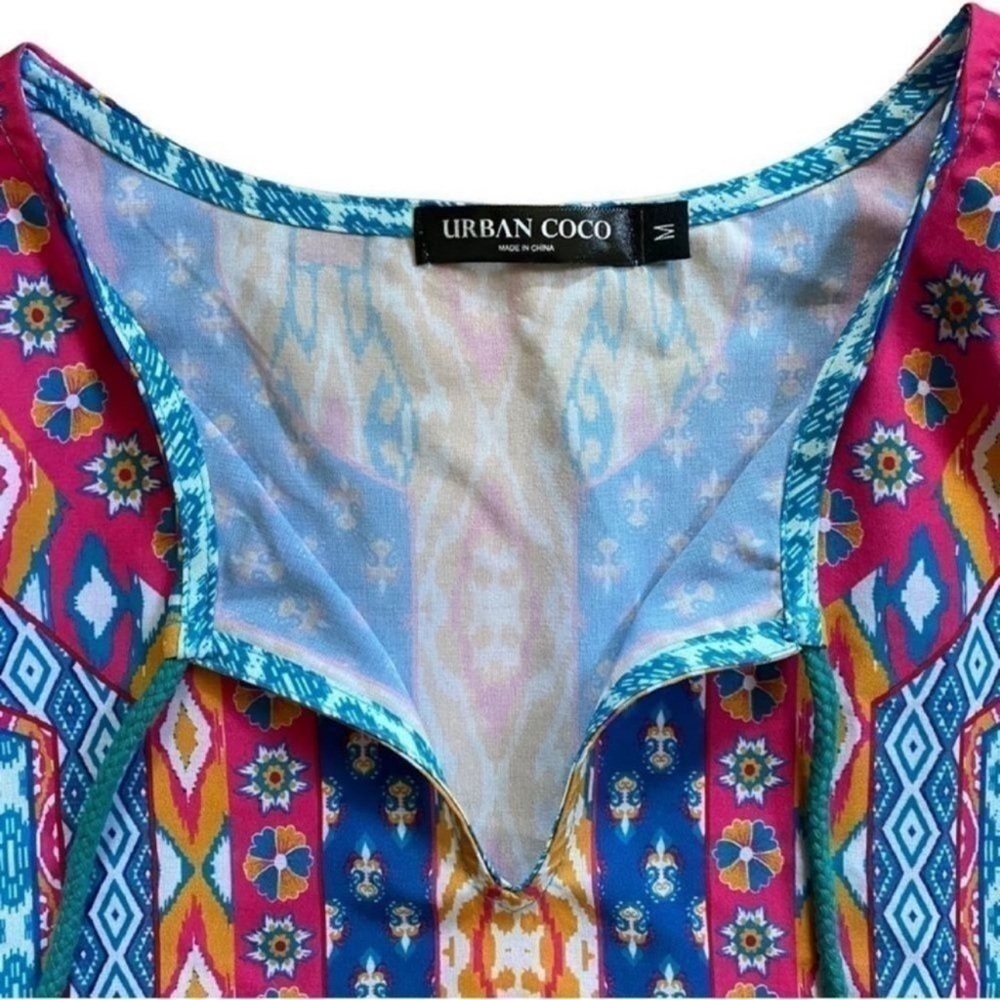 Urban Coco Blue Multicolor Ruche Sleeve Swim Coverup Dress with Tassels Medium - Picture 5 of 14